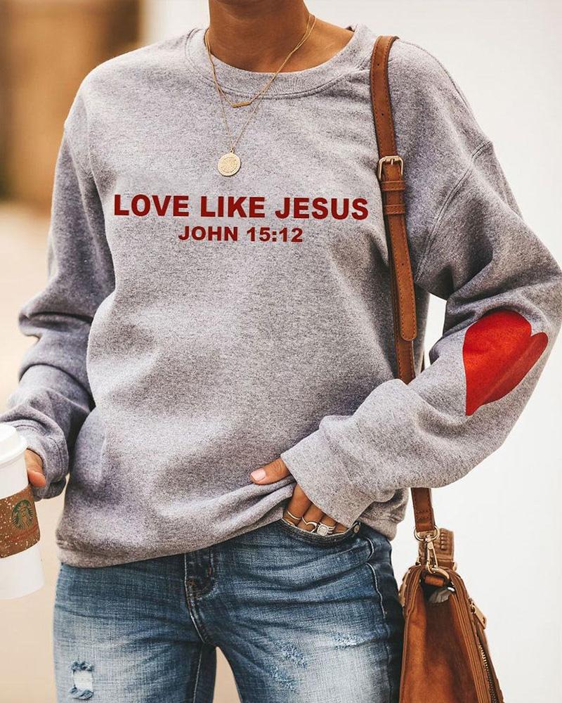 

Letter Heart Print Long Sleeve Casual Sweatshirt, Gray