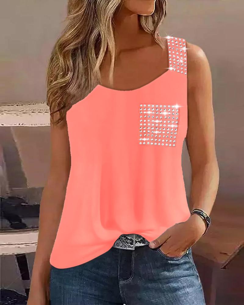 

Rhinestone Decor Pocket Design Tank Top, Orange
