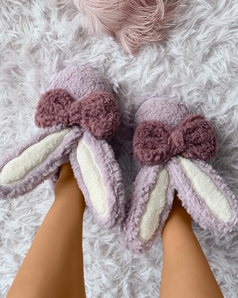 

Bowknot Decor Rabbit Ear Design Fluffy Slipper, Purple