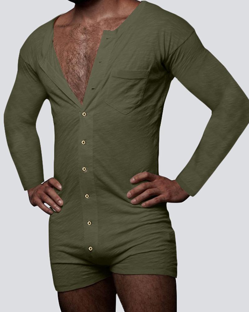 

Solid Color Long Sleeve Skinny Romper, Green