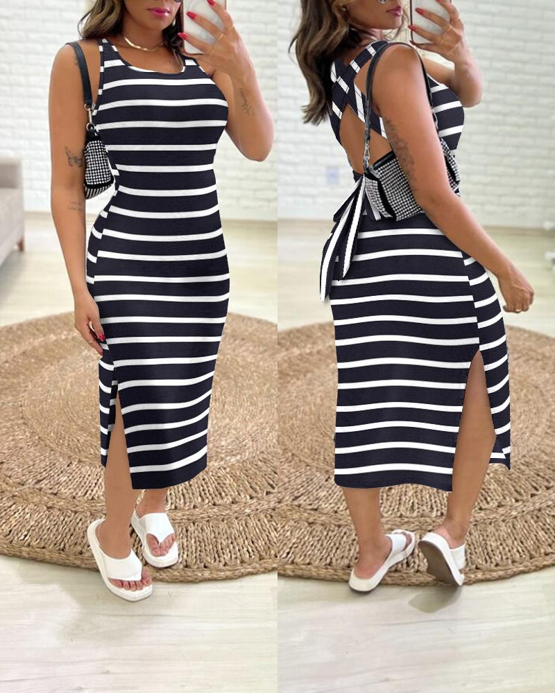 

Striped Criss Cross Backless Bodycon Dress, Black