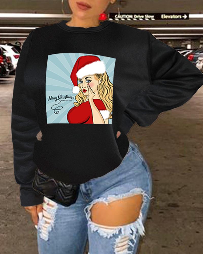 

Plus Size Graphic Print Lantern Sleeve Sweatshirt, Black