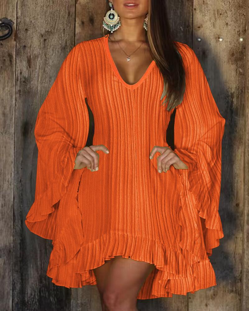 

Ruffle Hem Bell Sleeve V-Neck Casual Dress, Orange