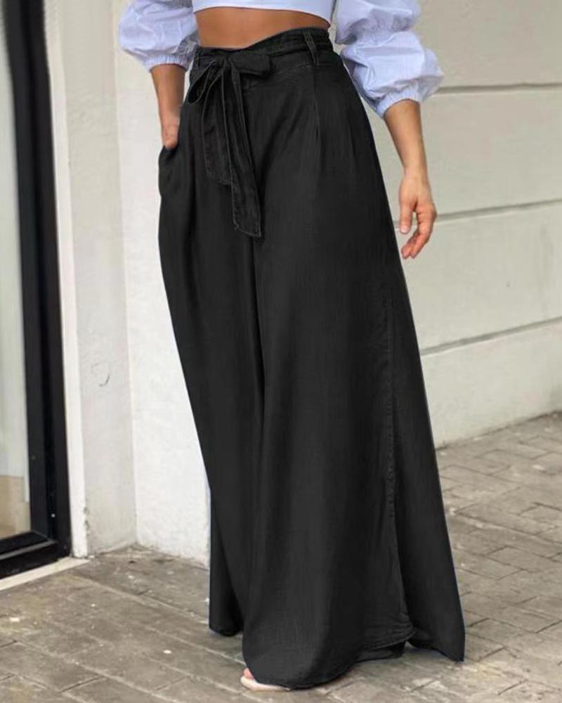 

Plain Tied Detail Wide Leg Pants, Black