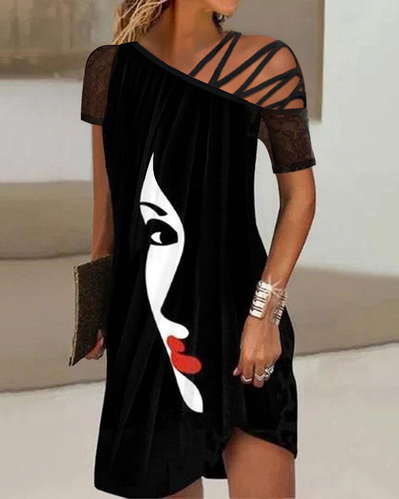 

Abstract Figure Print Cold Shoulder Casual Dress, Black