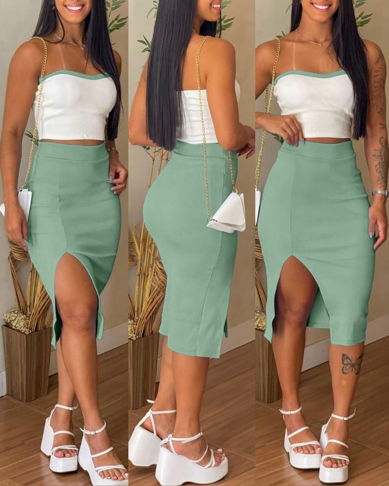 

Conjunto de 2 piezas de top bandeau sin tirantes con bloques de color y falda ajustada con abertura lateral, Green