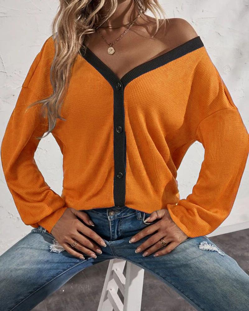

Contrast Paneled Button Front Long Sleeve Top, Orange