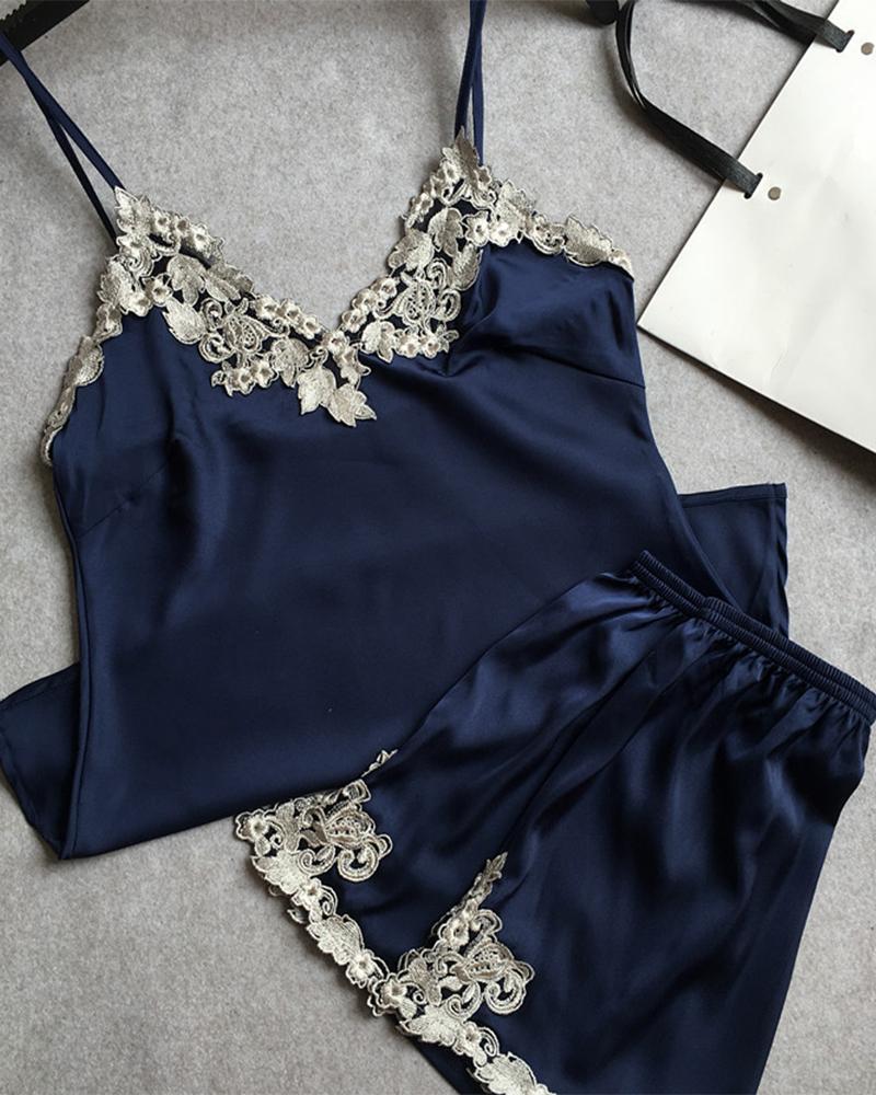 

Contrast Lace Cami Top & Shorts PJ Set, Dark blue