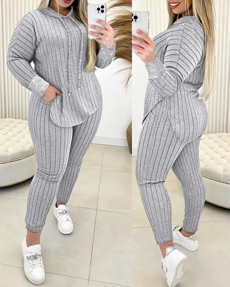 

Plus Size 2 Pieces Outfit Striped Drawstring Hoodie Lace Cuff Detail Asymmetrical Hem Top and Slim Fit Pants Set Casual Brushed Ribbed Set, Gray