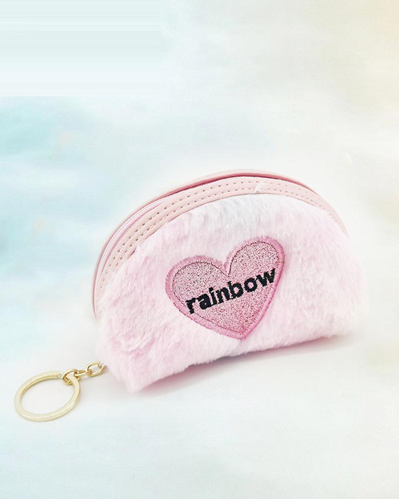 

Fuzzy Heart Pattern Zipper Design Key Ring Bag, Pink