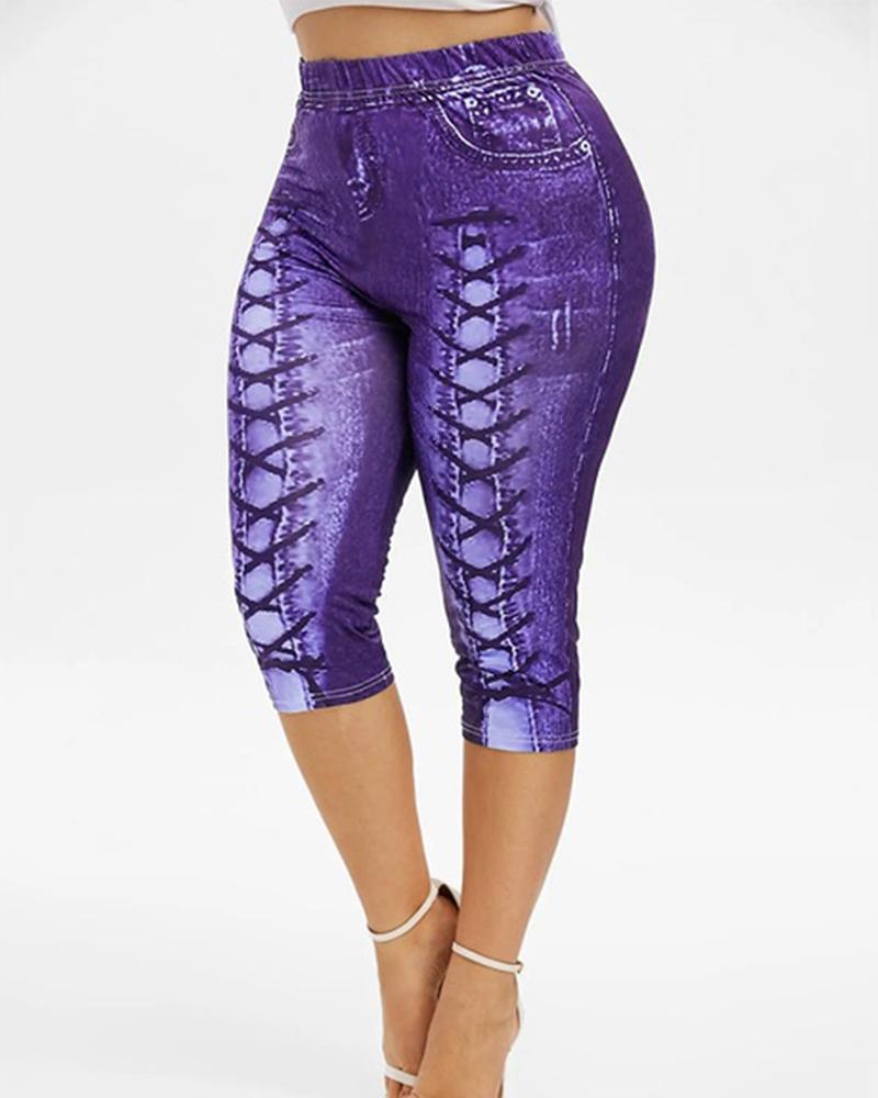 

Women's Faux Denim Printed Skinny Shorts, Purple