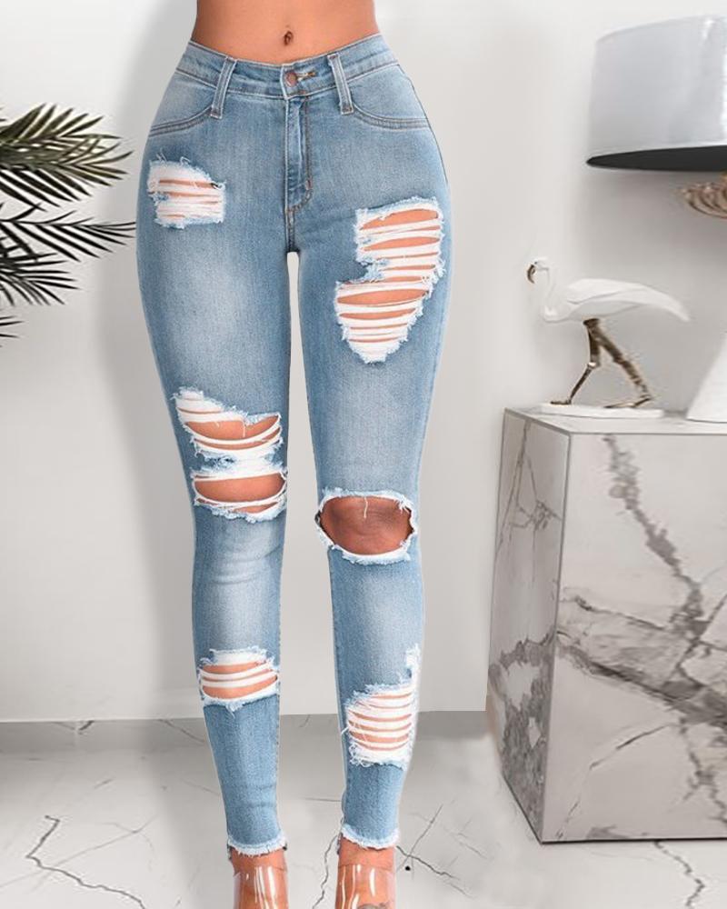

Ripped Cutout Fringe Hem Denim Pants, Light blue