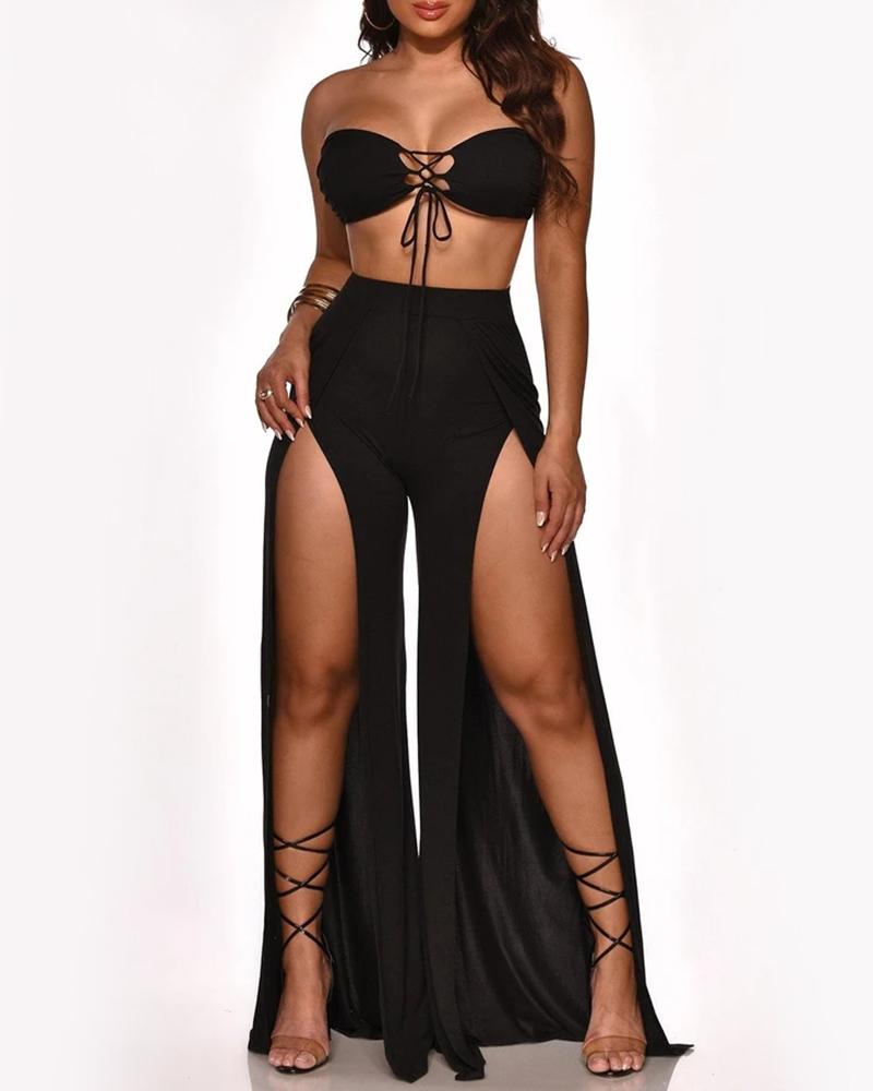 

Lace-up Bandeau Crop Top & High Slit Pants Set, Black