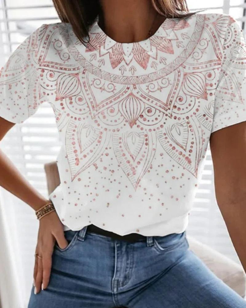 

Vintage Tribal Print Casual T-shirt, White