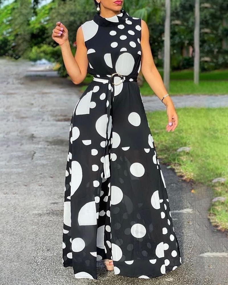 

Polka Dot Print Wide Leg Jumpsuit, Black