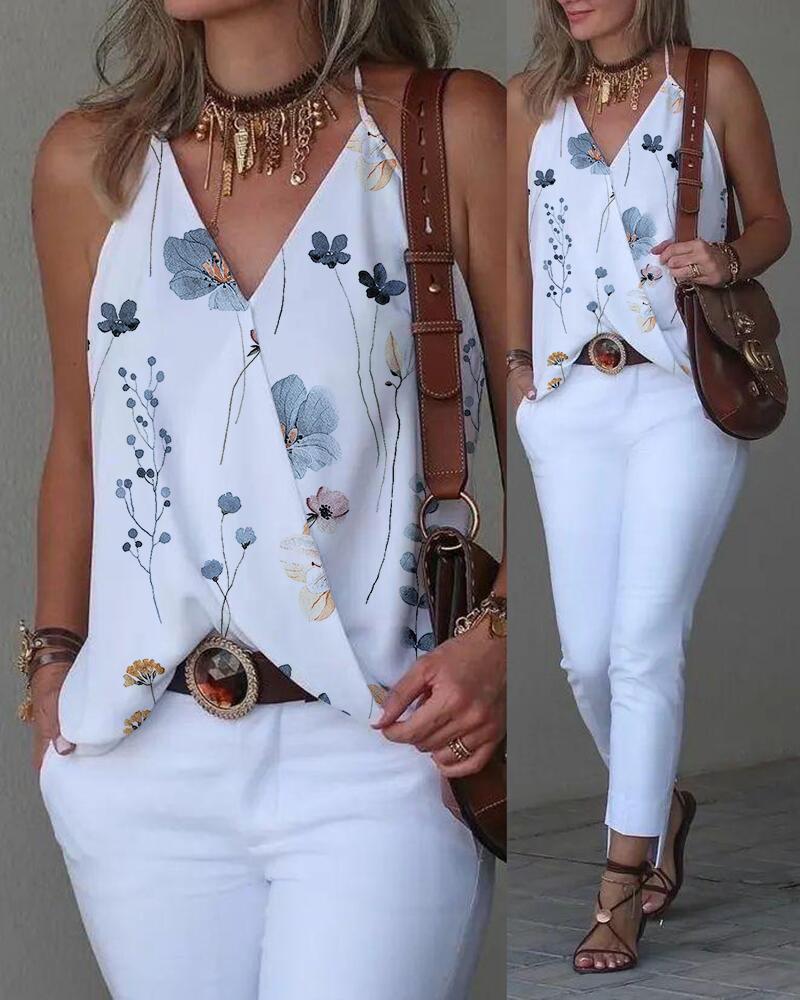 

Floral Print Halter Wrap Tank Top, White