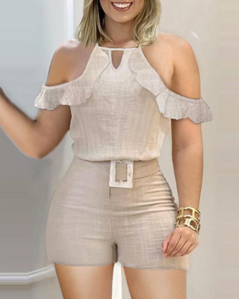 

Ruffles Trim Cold Shoulder Top & Shorts Set With Belt, Beige