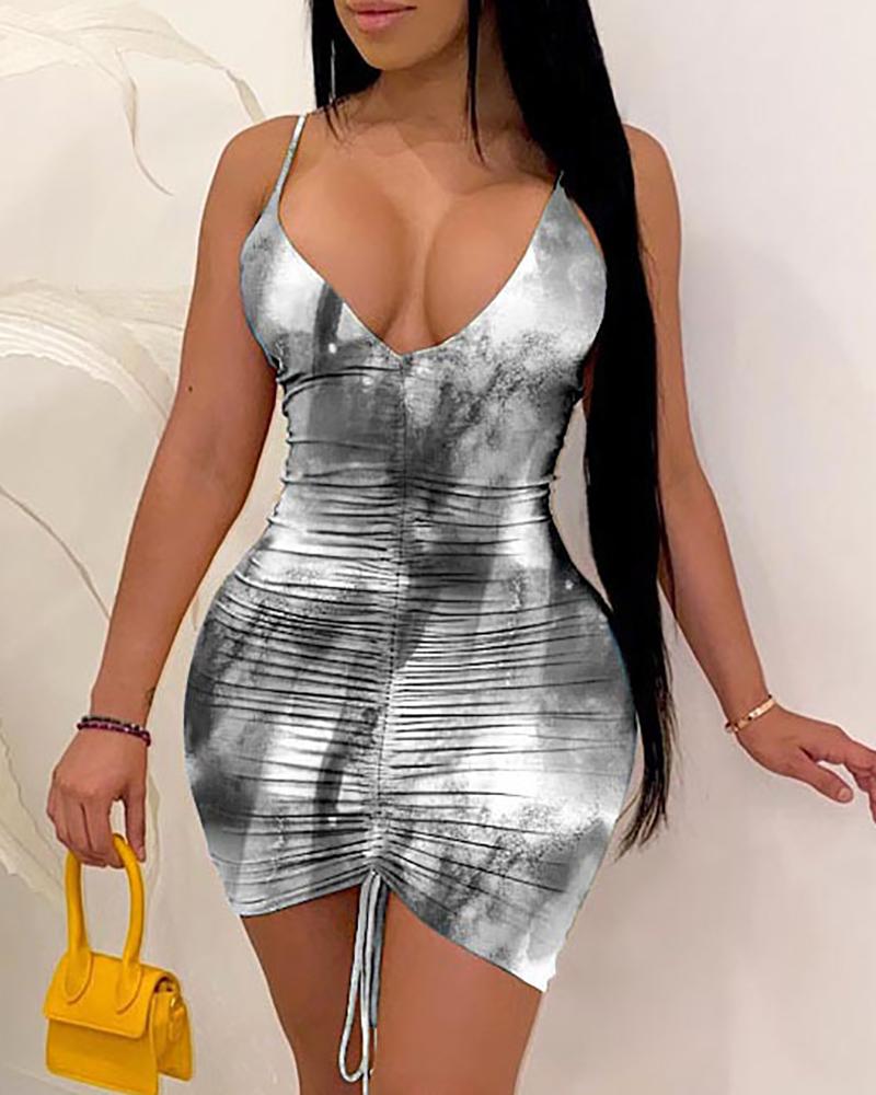 

Tie Dye Print Drawstring Ruched Bodycon Dress, Gray