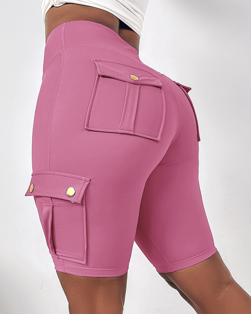 

Shorts esportivos para ioga franzidos com design de bolso de secagem rápida, Light pink