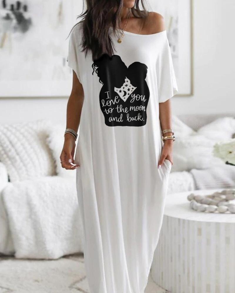 

Mother' Day Graphic Letter Print Pocket Design Casual Dress, White