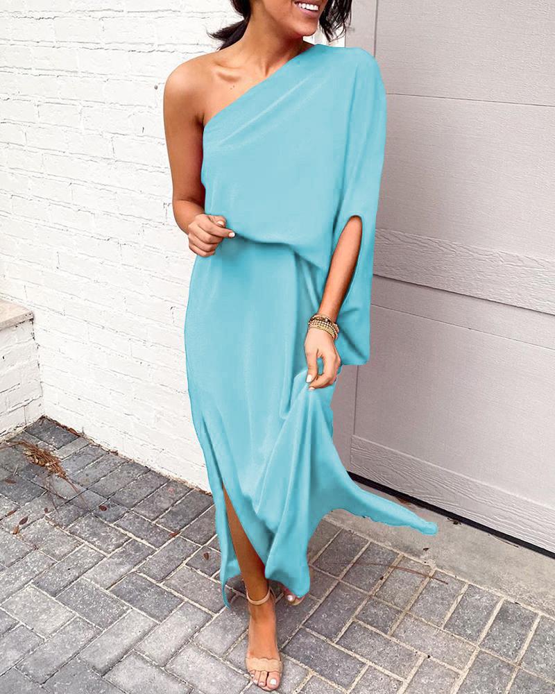 

Plain One Shoulder Slit Dress, Lighted blue