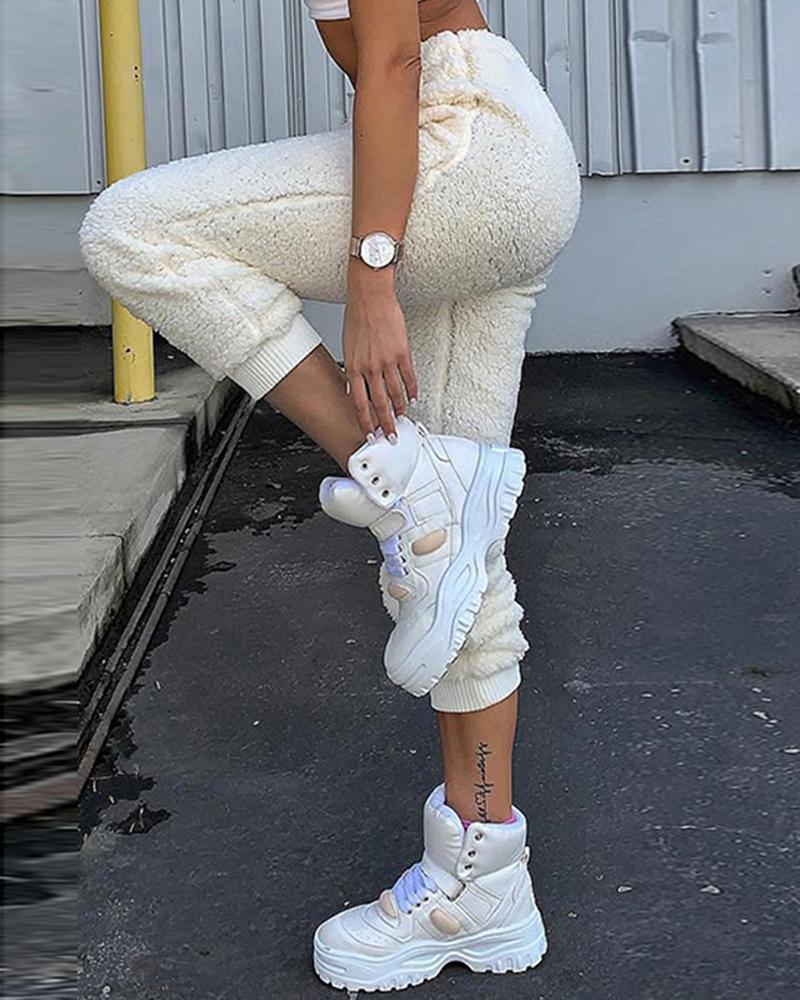 

High Waist Fluffy Cuffed Pants, White