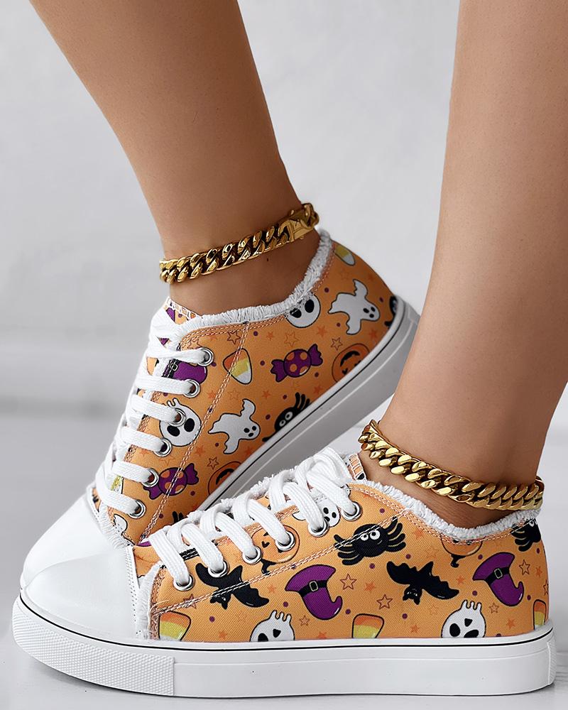 

Halloween Ghost Pumpkin Graphic Print Lace-up Sneakers, Orange