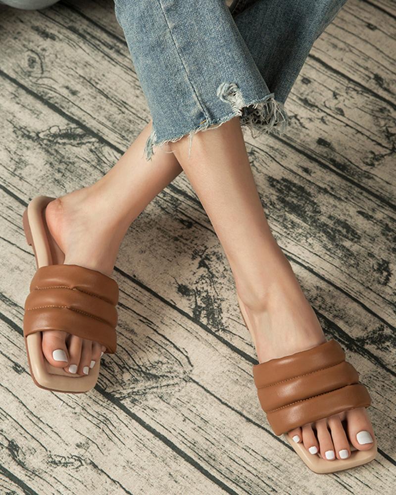 

Square-toe Solid Color One-strap Flat Slippers, Brown