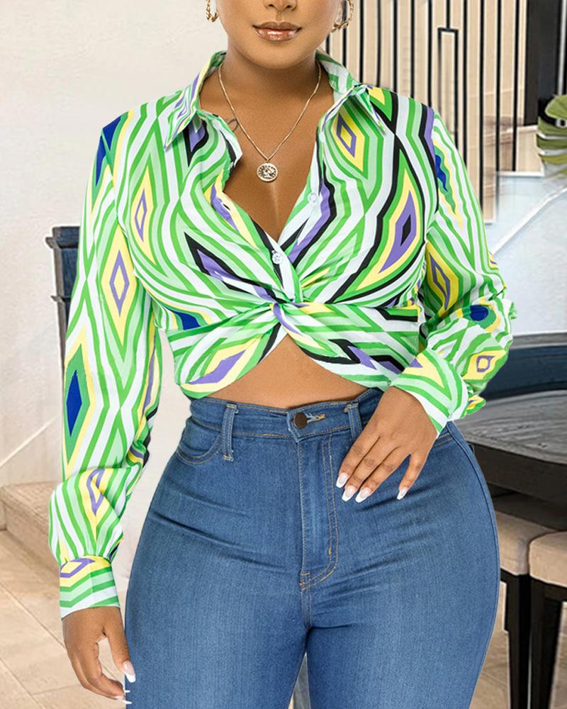 

Argyle Print Twist Design Long Sleeve Shirt, Green