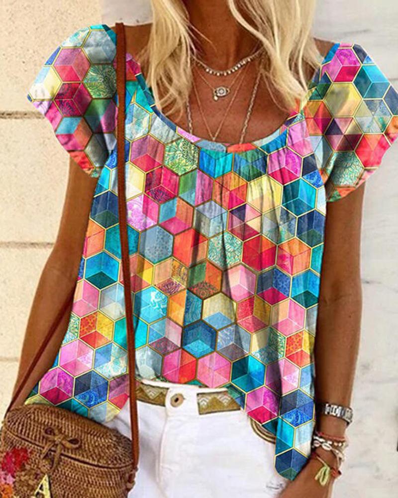 

Allover Print Short Sleeve T-shirt, Multicolor