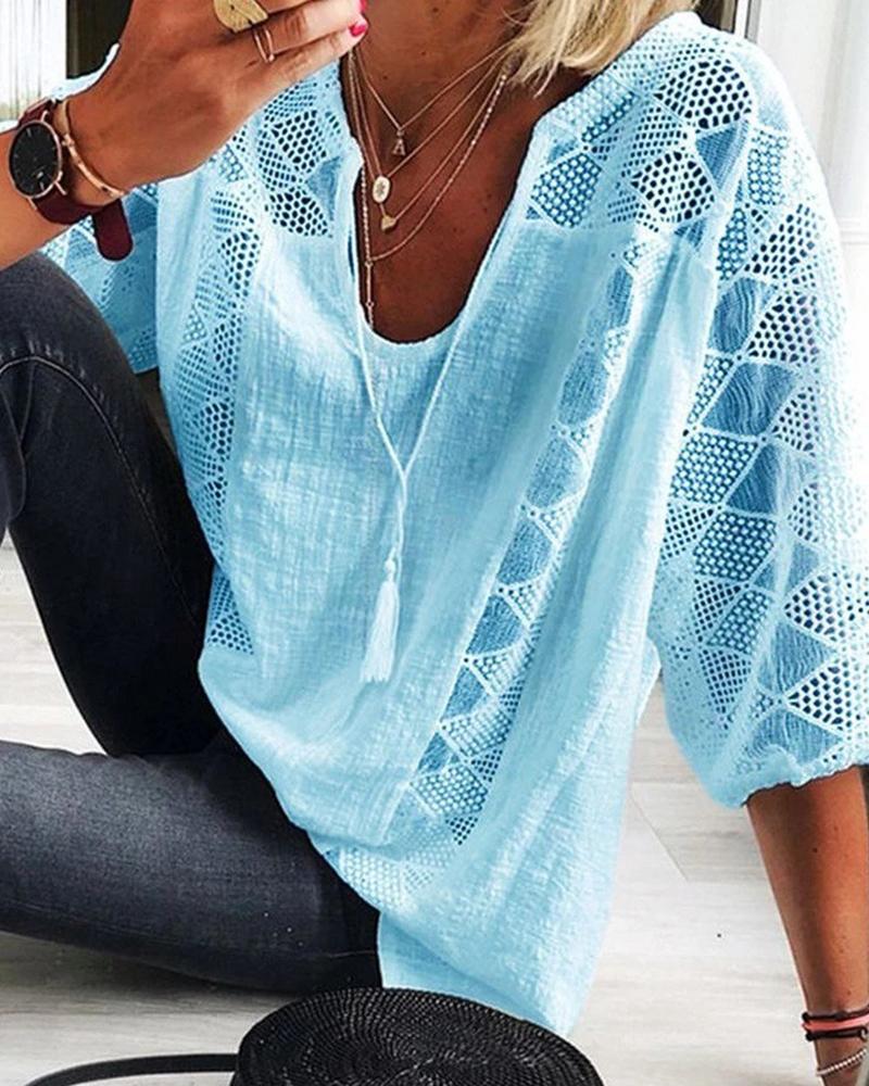 

Hollow Out Tassel Design Casual Blouse, Blue