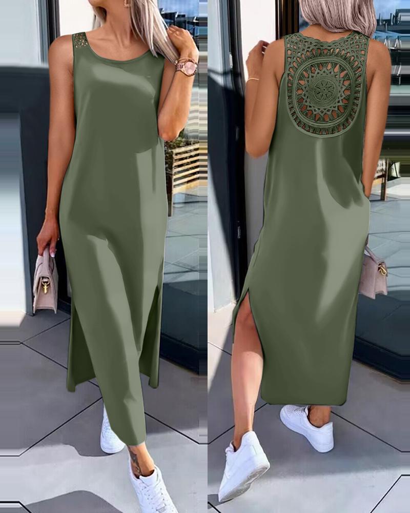 

Sleeveless Hollow-out Lace Side Slit Summer Tank Dress, Army green