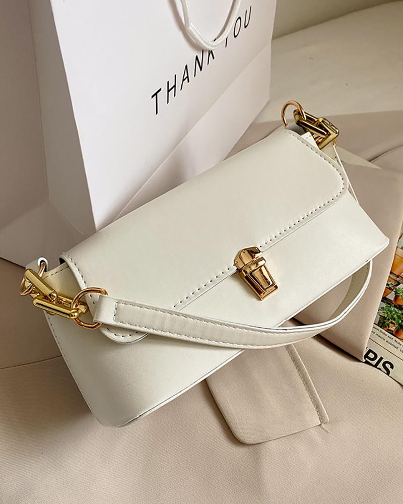 

Push Lock Chain Baguette Handbag, White