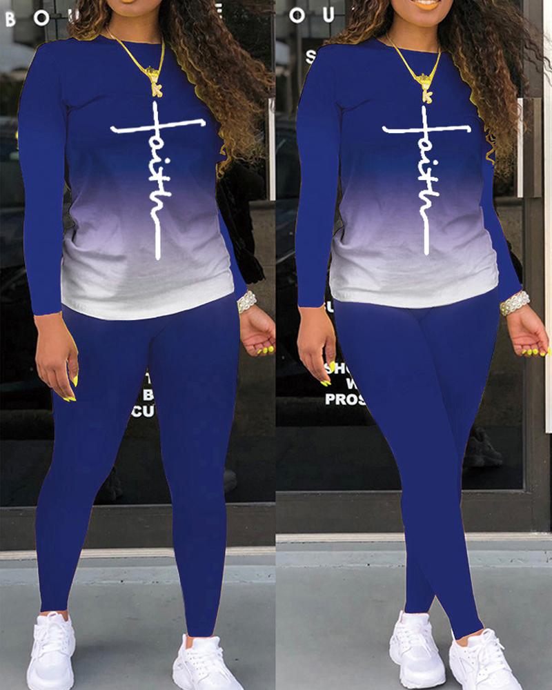 

Plus Size Letter Print Ombre Long Sleeve Top & Pants Set, Blue