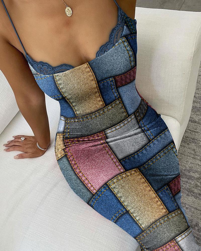 

Denim Look Print Lace Trim Bodycon Dress, Multicolor
