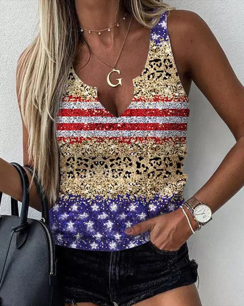 

Flag Leopard Print Notch Neck Casual Tank Top, Multicolor