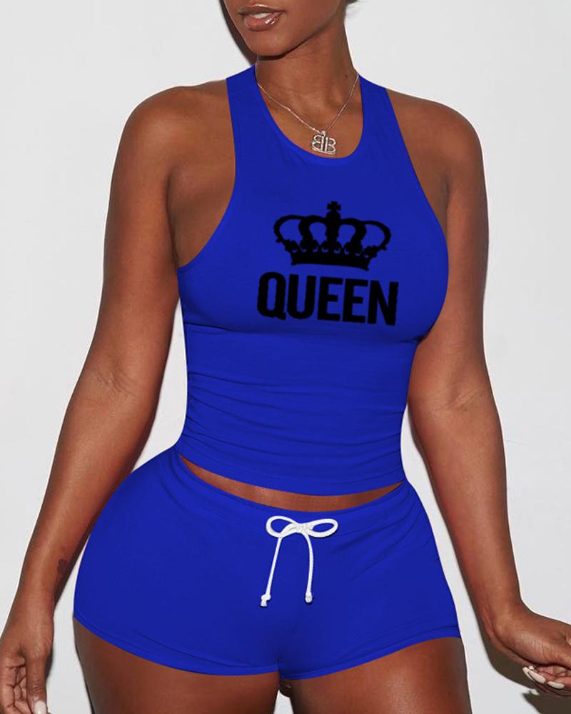 

Letter Crown Print Drawstring Active Set, Blue