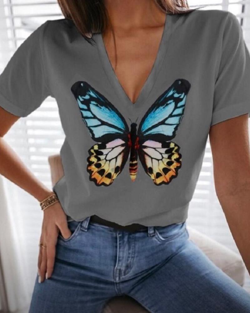 

Butterfly Print Short Sleeve Casual T-Shirt, Gray