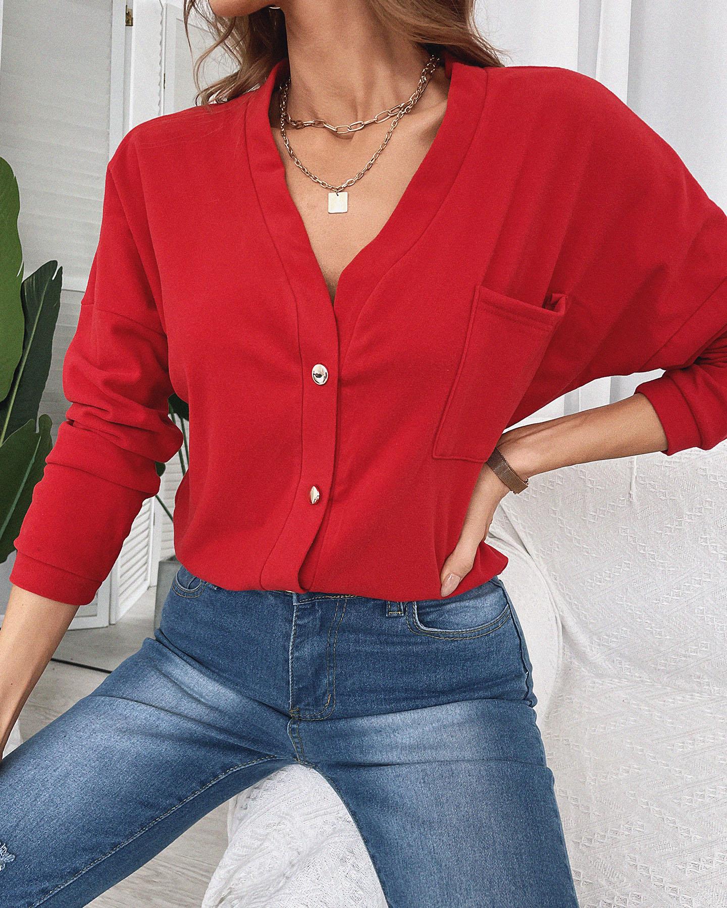 

Button Design Long Sleeve Cardigan, Red