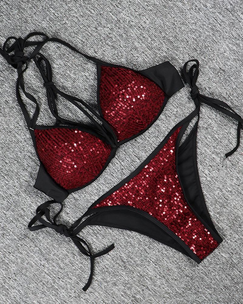 

Halter Tied Detail Sequin Bikini Set, Wine red