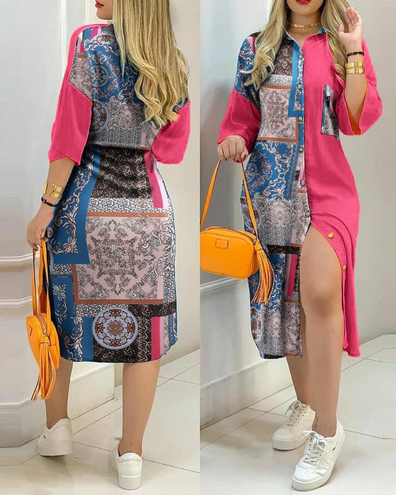 

Folk Floral Print Patchwork Shirt Dress, Pink