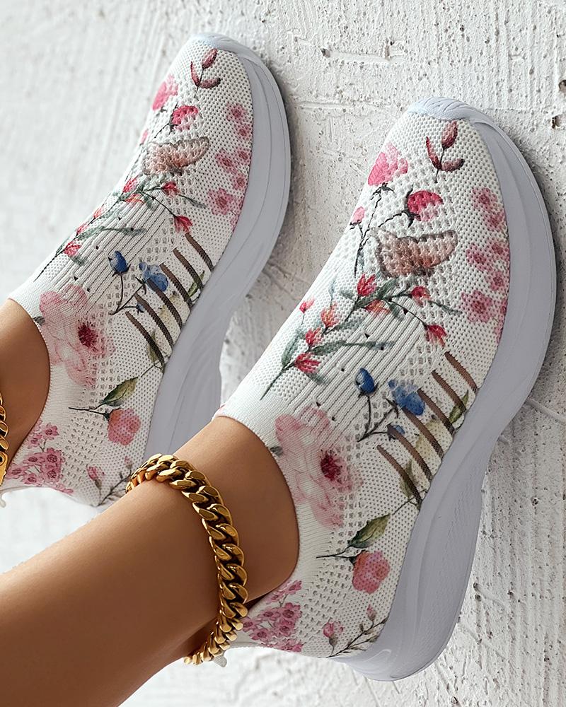 

Plants Print Breathable Slip-On Casual Sneakers, Pink&white