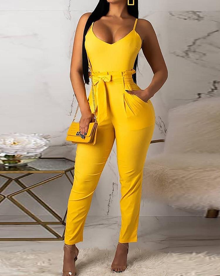 

Spaghetti Strap Ruffled Waist Belted Jumpsuits, Yellow