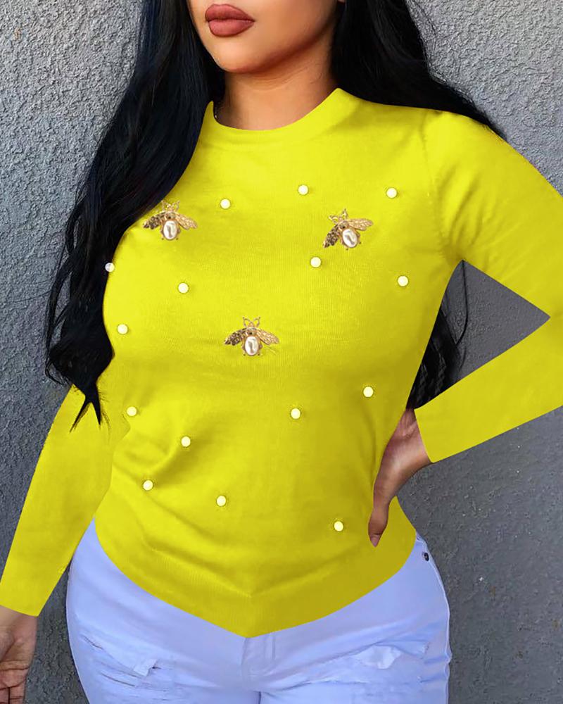 

Solid Beaded Bees Design Casual Blouse, Yellow