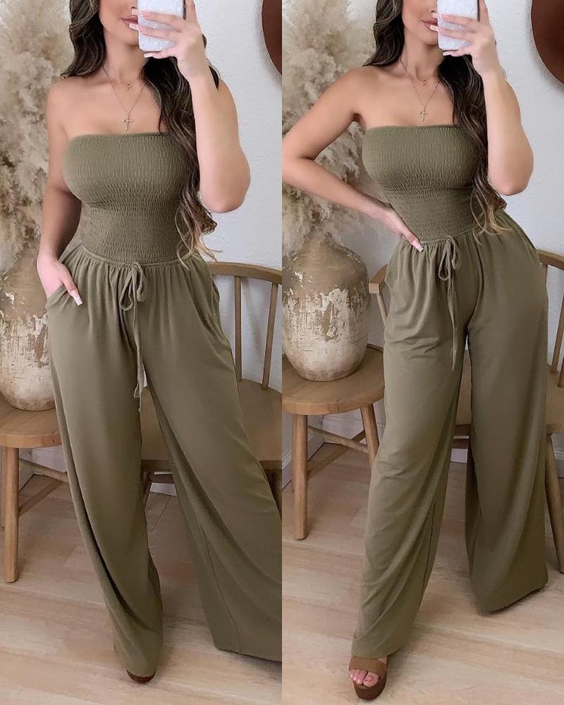 

Bandeau Shirred Drawstring Wide Leg Jumpsuit, Green