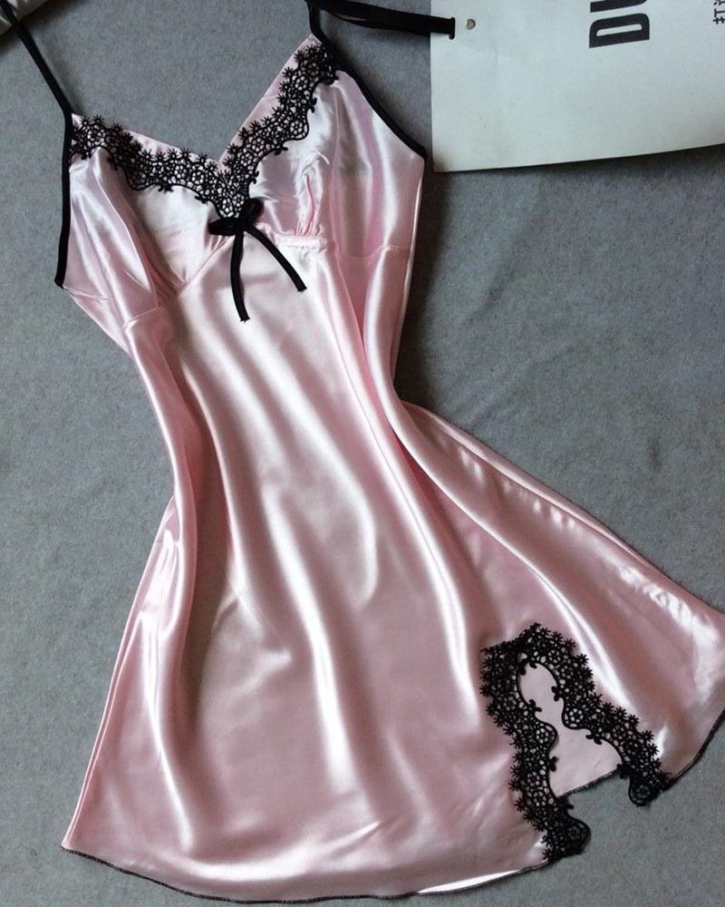 

Lace Trim Satin Sleepwear Cami Dress, Pink