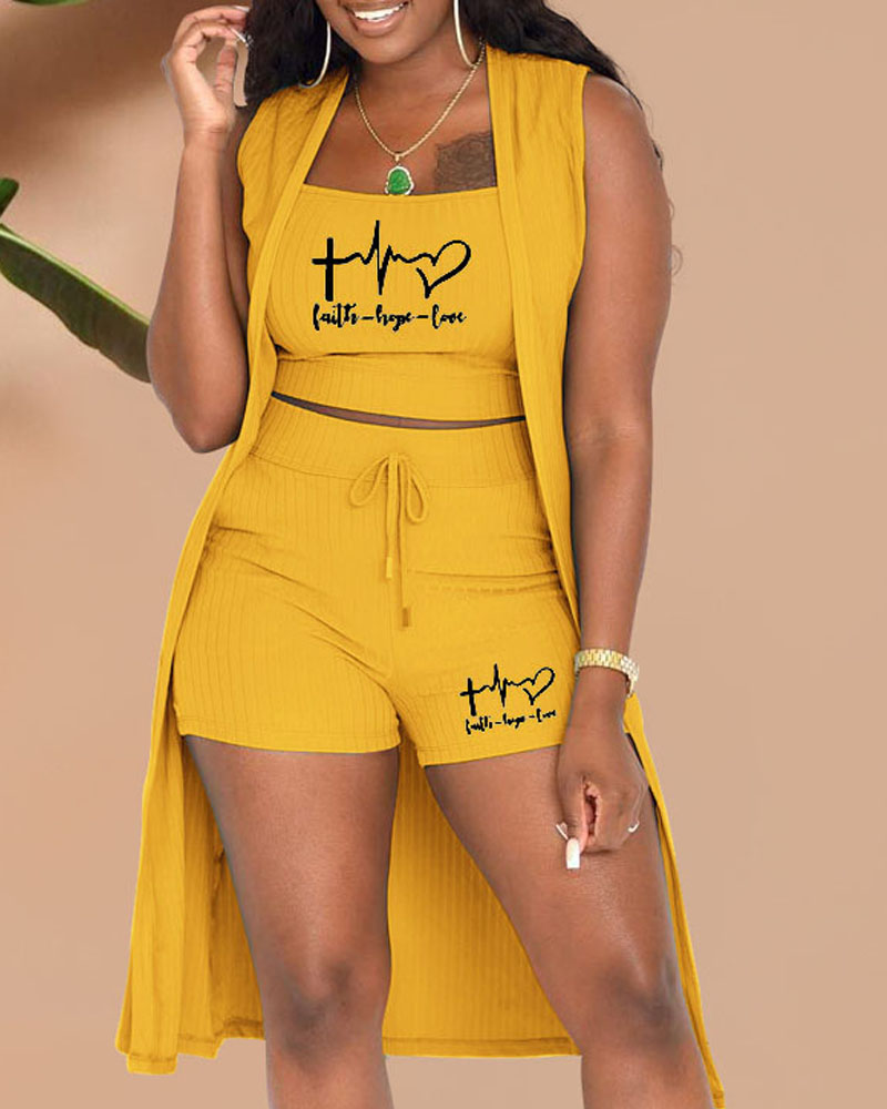 

3PCS Letter Heart Print Ribbed Crop Top & Shorts Set With Cardigan, Yellow