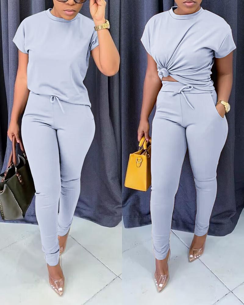 

Short Sleeve Top & Drawstring Pocket Design Pants Set, Gray