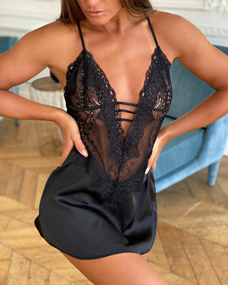 

Criss Cross Backless Contrast Lace Babydoll, Black