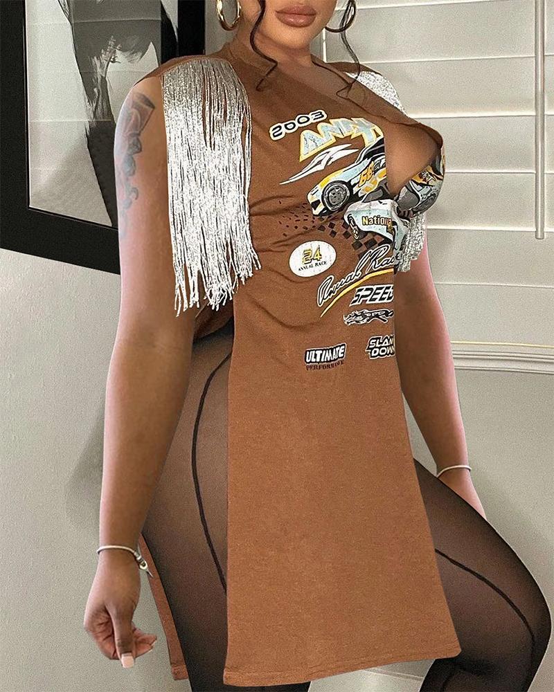 

Graphic Letter Print Tassel Design Slit Casual Dress, Brown